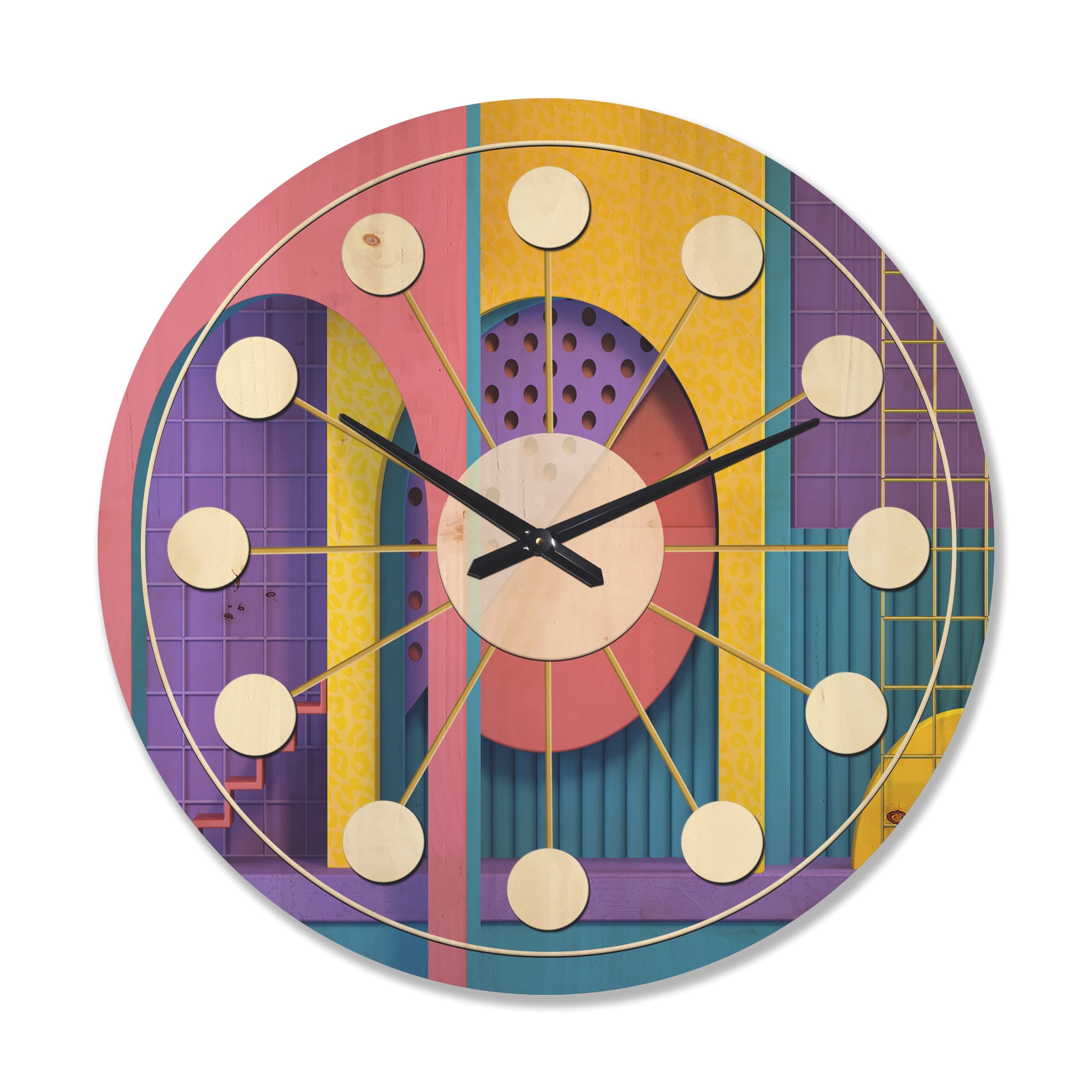 Designart 'Abstract Retro Geometric Architecture Pattern' Mid-Century Modern Wood Wall Clock