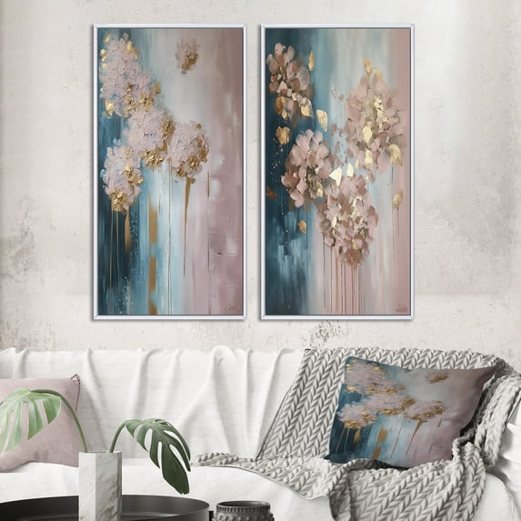 Designart "Abstract Retro Hydrangea Flower Blossom II" Hydrangea Framed Wall Art Set Of 2 - Traditional Gold Framed Canvas Set For Living Room Decor