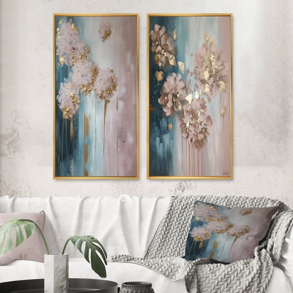 Designart "Abstract Retro Hydrangea Flower Blossom II" Hydrangea Framed Wall Art Set Of 2 - Traditional Gold Framed Canvas Set For Living Room Decor