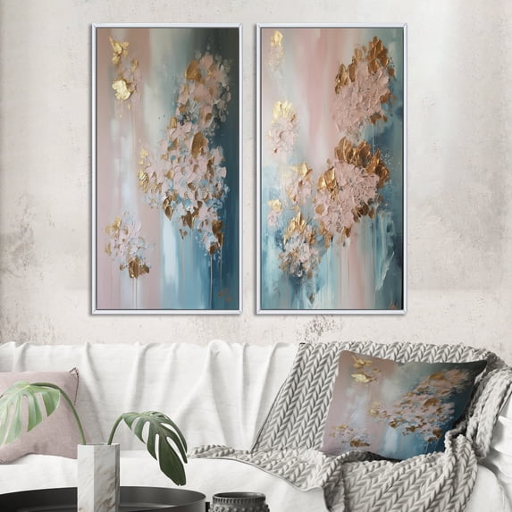 Designart "Abstract Retro Hydrangea Flower Blossom III" Hydrangea Framed Wall Art Set Of 2 - Traditional Gold Framed Canvas Set For Living Room Decor