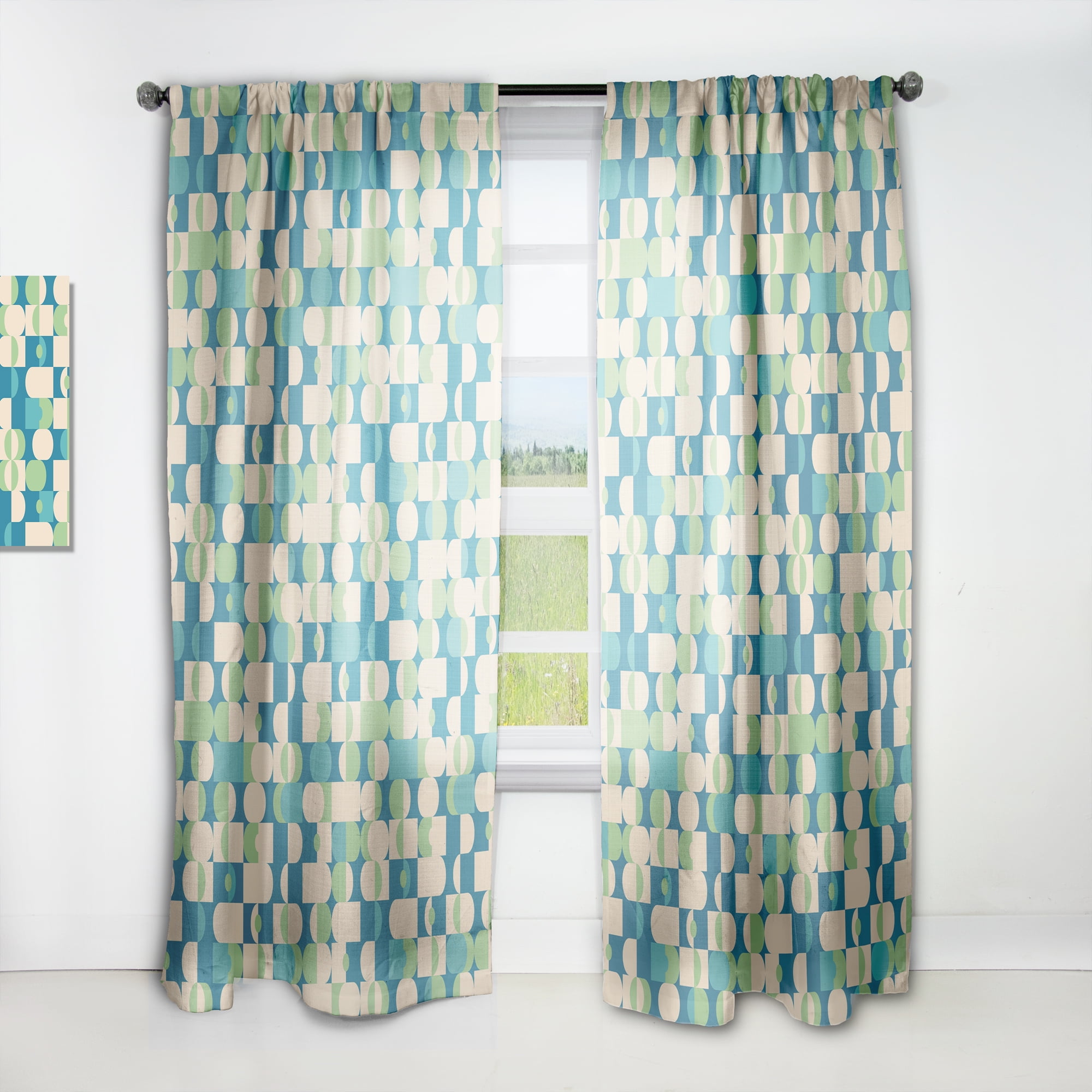 Designart 'Abstract Retro Pattern I' Mid-Century Modern Blue Sheer Curtain Panel