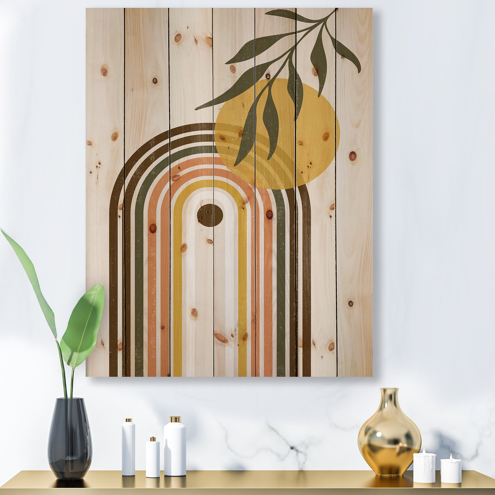 Designart 'Abstract Retro Rainbow With Yellow Sun' Modern Print on Natural Pine Wood