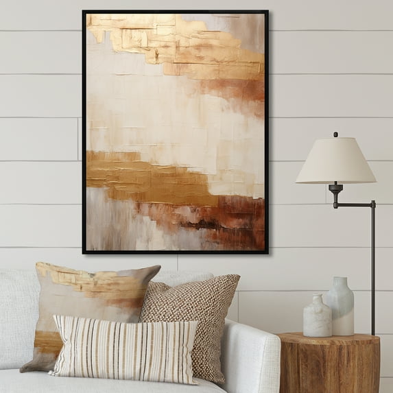 Designart "Abstract River In Minimal Gold And Beige II" Northern Lights Floater Framed Wall Decor