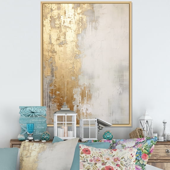 Designart "Abstract River In Minimal Gold And Beige III" Northern Lights Floater Framed Canvas Art Print