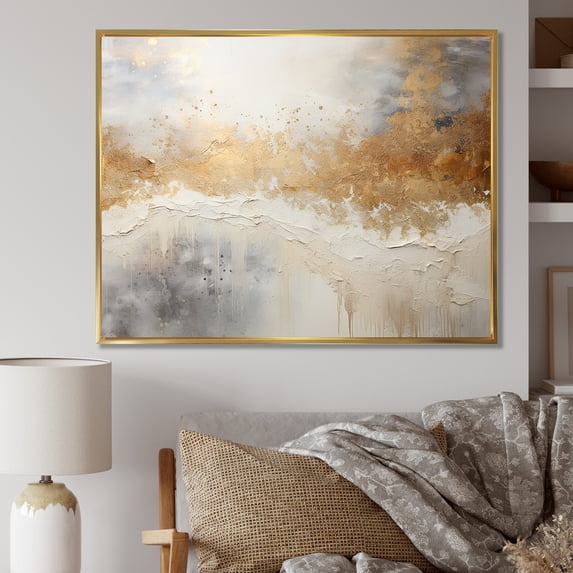 Designart "Abstract River In Minimal Gold And Beige" Northern Lights Floater Framed Canvas Prints