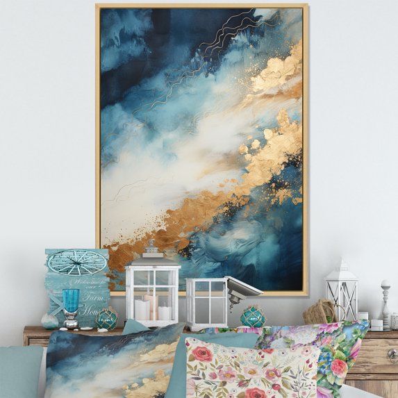 Designart "Abstract River In White, Blue, And Gold I" Northern Lights Floater Framed Canvas Wall Art