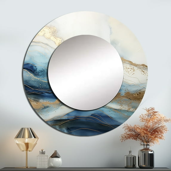 Designart "Abstract River In White, Blue, And Gold" Northern Lights Rund Mirror For Wall Decor - Large Beige Round Print Mirror - Round Traditional Mirror - Wall Mounted Round Large Mirror - 29" x 29"