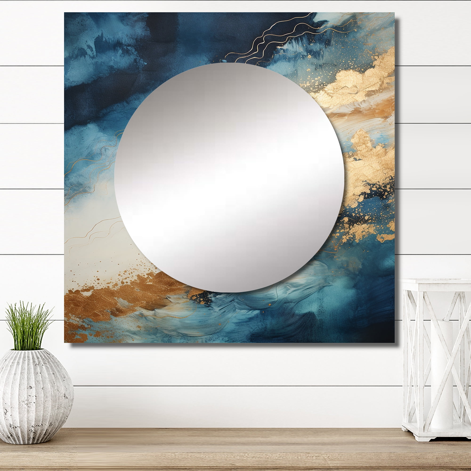 Designart "Abstract River in White, Blue, and Gold I" northern lights