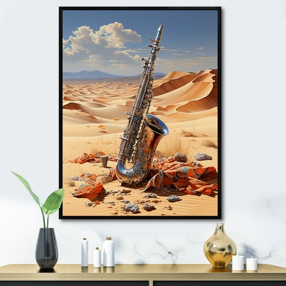 Designart "Abstract Saxophone Creating Desert Harmony" Music Floater Framed Canvas Wall Art
