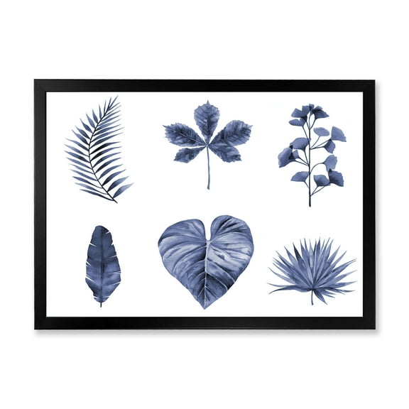 Designart 'Abstract Set Of Plant Leaves Blue' Traditional Framed Art Print