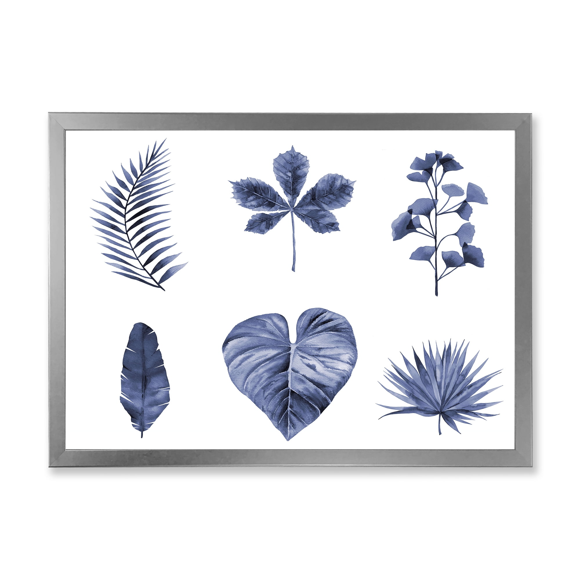 Designart 'Abstract Set Of Plant Leaves Blue' Traditional Framed Art Print