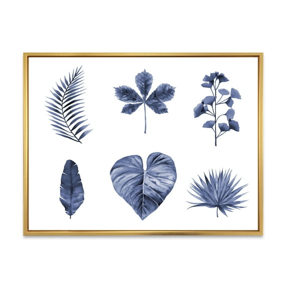 Designart 'Abstract Set Of Plant Leaves Blue' Traditional Framed Canvas Wall Art Print