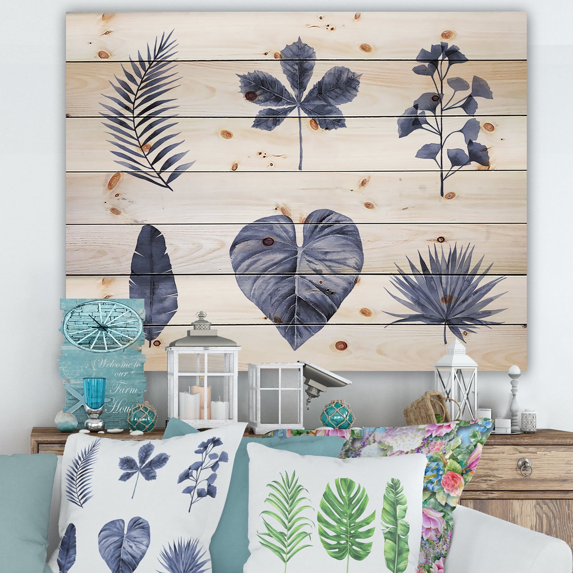 Designart 'Abstract Set Of Plant Leaves Blue' Traditional Print on Natural Pine Wood