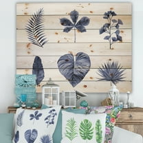 Designart 'Abstract Set Of Plant Leaves Blue' Traditional Print on Natural Pine Wood