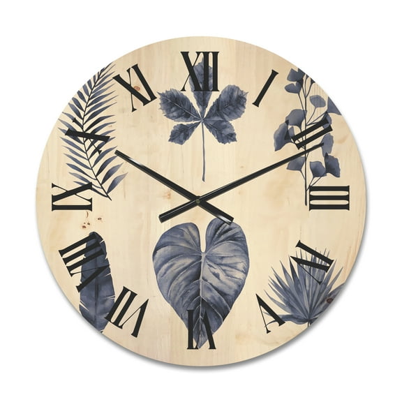 Designart 'Abstract Set Of Plant Leaves Blue' Traditional Wood Wall Clock
