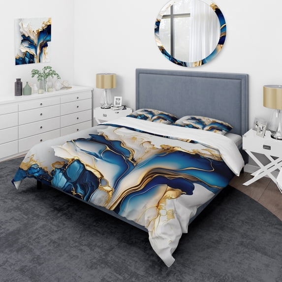 Designart "Abstract Shape in Golden and Blue Marble III" Animals Bedding Covert Set - Abstract Marble Blue Abstract Bed Set With 2 Shams