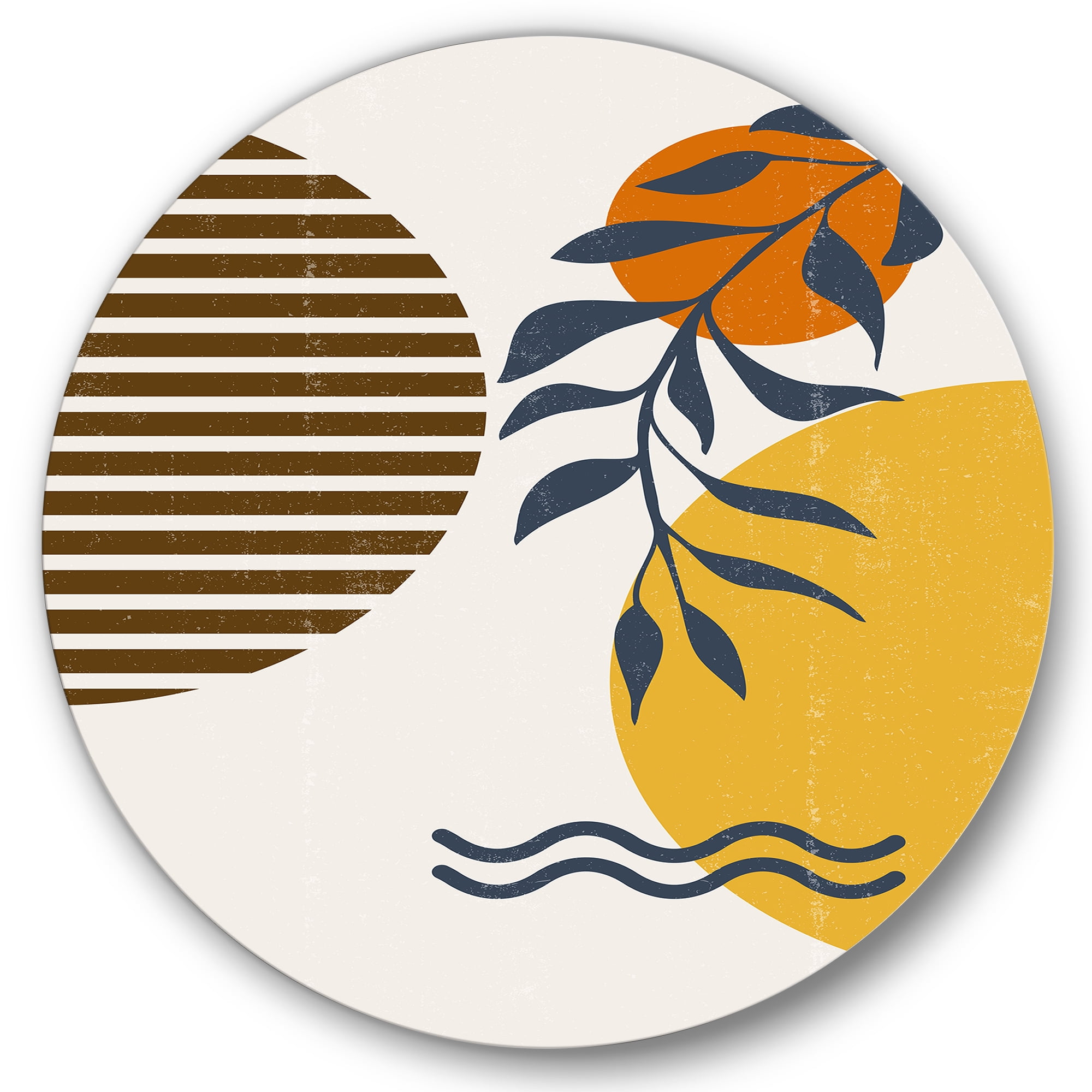 Designart 'Abstract Shapes With Botanical Minimalist Leaf I' Modern Circle Metal Wall Art 23x23 - Disc of 23