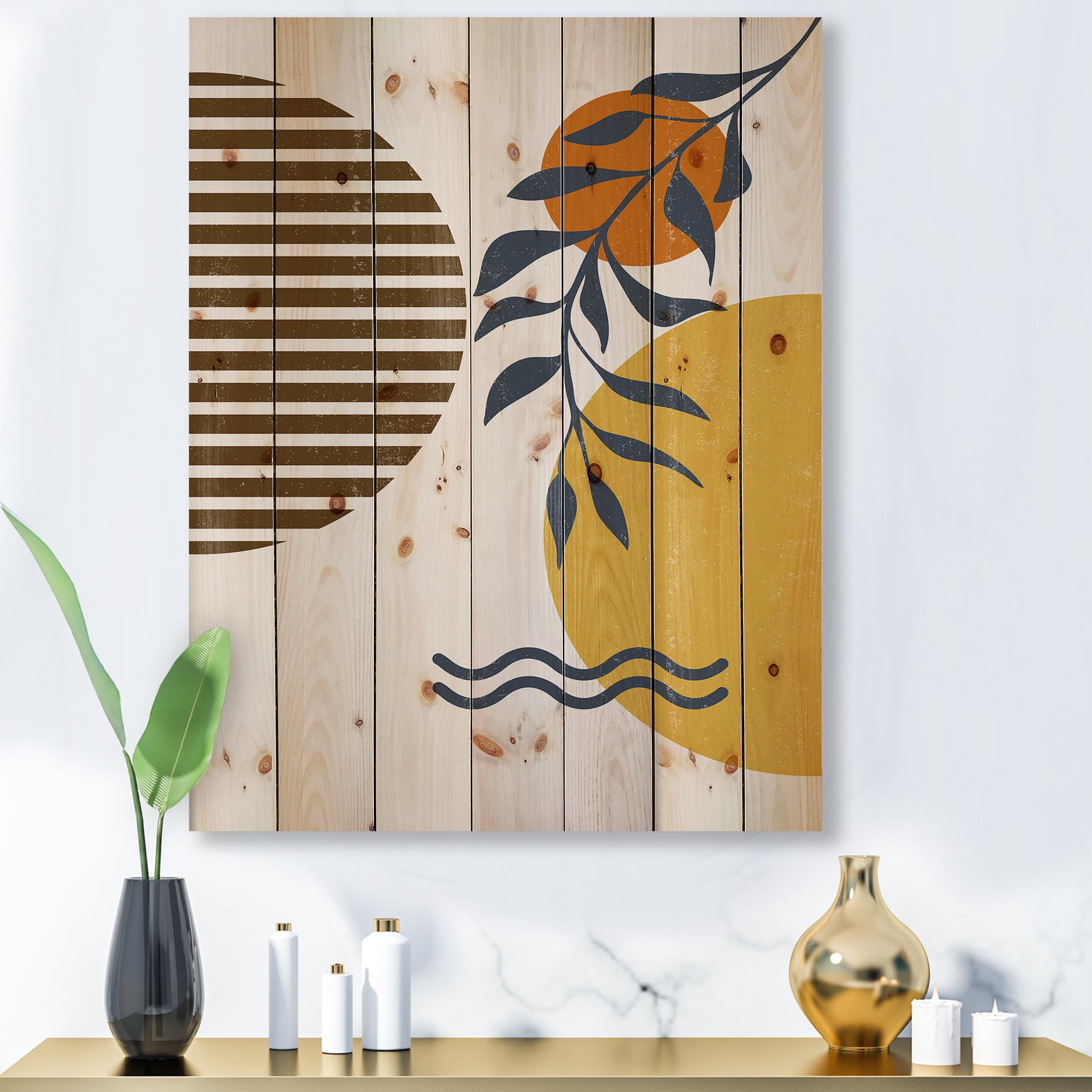 Designart 'Abstract Shapes With Botanical Minimalist Leaf I' Modern Print on Natural Pine Wood