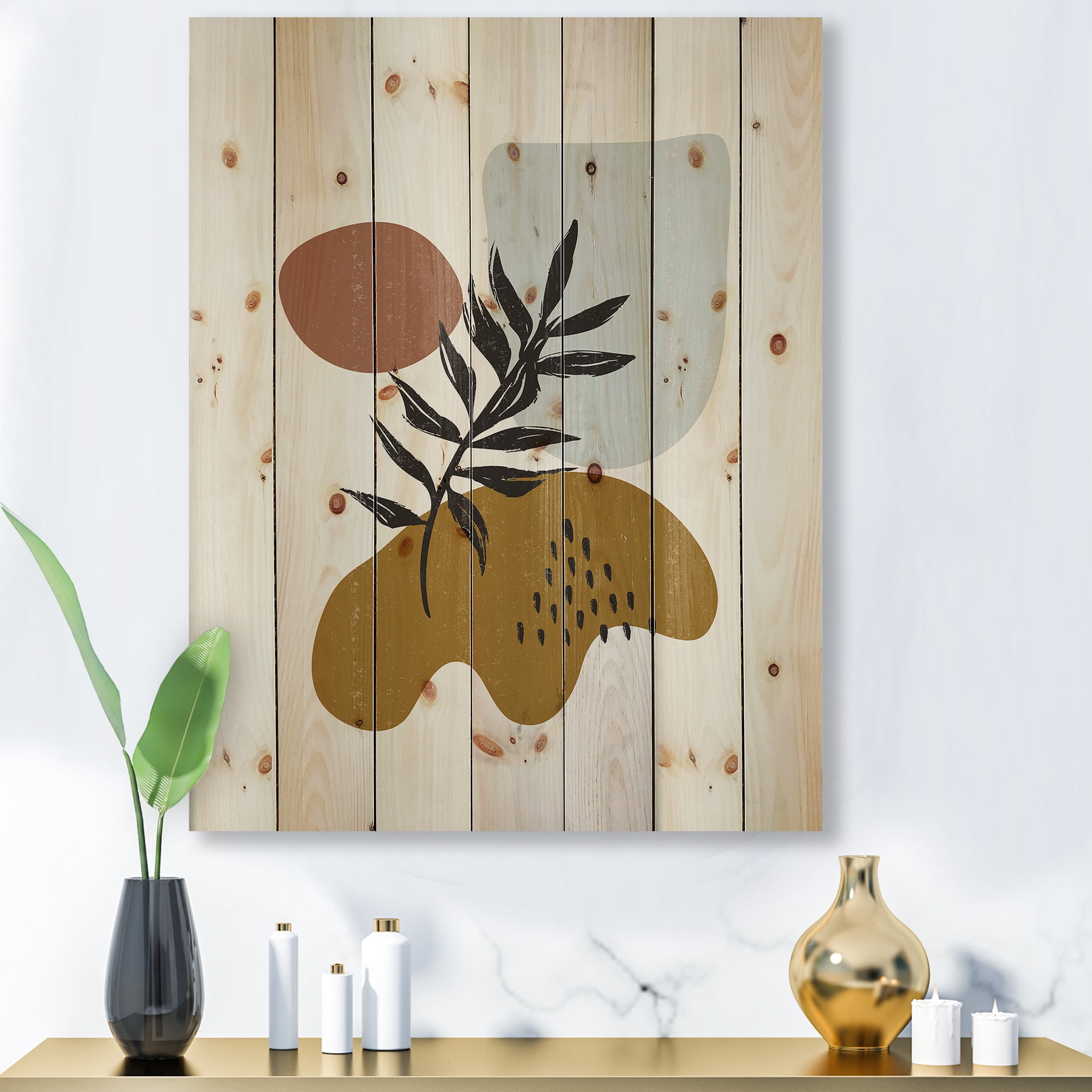 Designart 'Abstract Shapes With Botanical Minimalist Leaf II' Modern Print on Natural Pine Wood