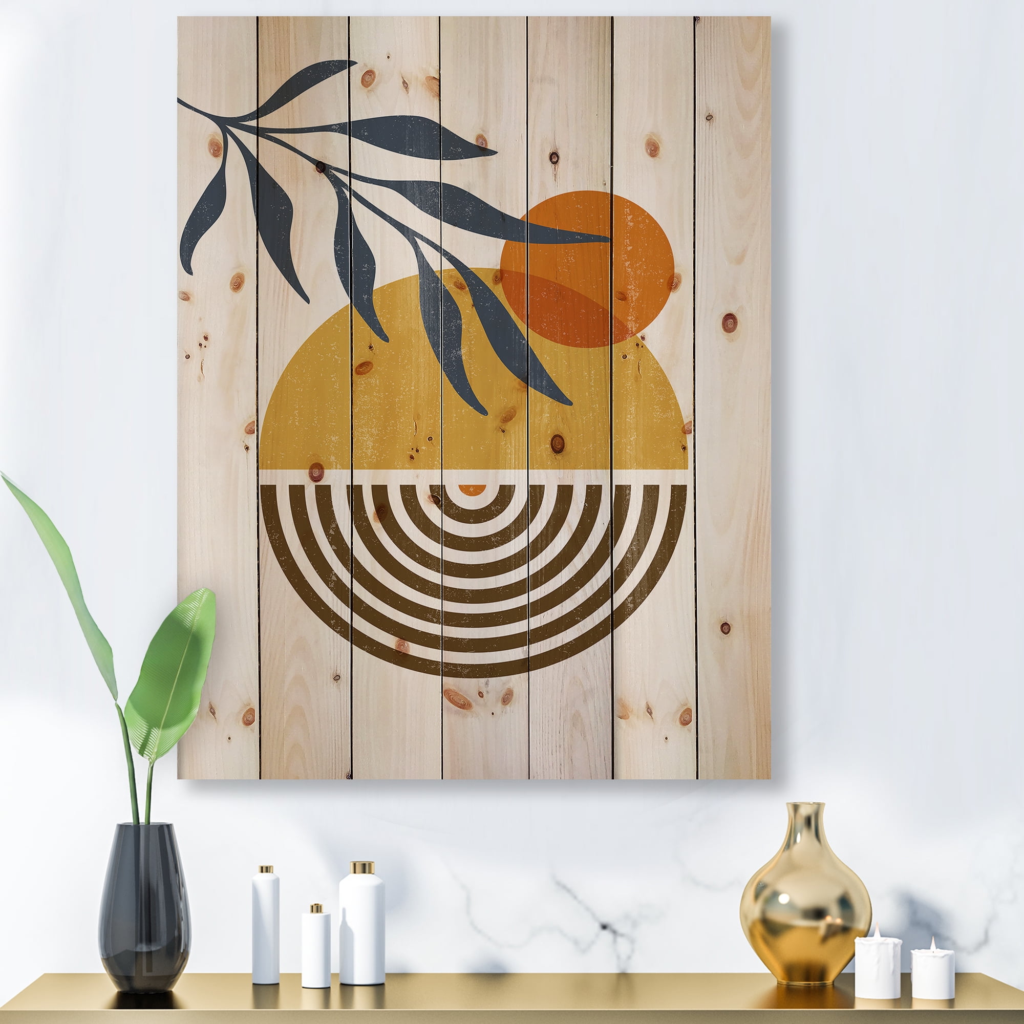 Designart 'Abstract Shapes With Botanical Minimalist Leaf IV' Modern Print on Natural Pine Wood