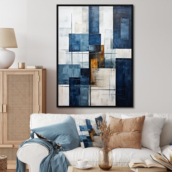 Designart "Abstract Shapes With Indigo Illusion V" Abstract Shapes Floater Framed Wall Decor