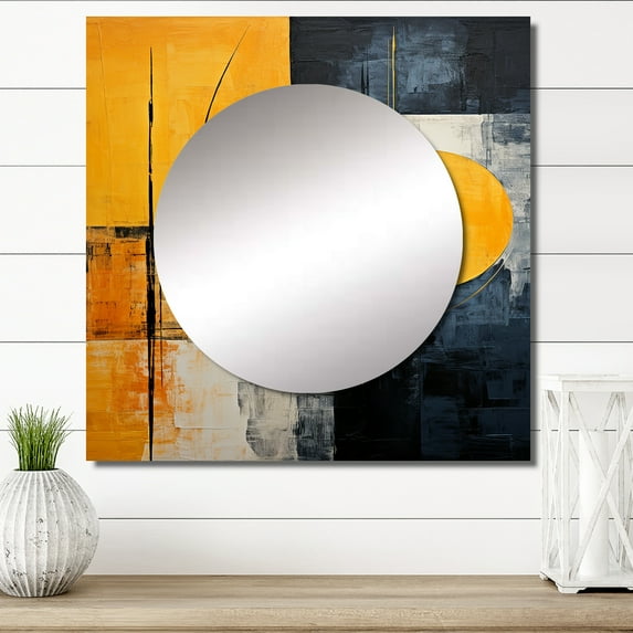 Designart "Abstract Shapes With Lemon Loops" Abstract Shapes Square Mirror For Wall Decor - Large Yellow Square Printed Wall Mirror Art - Square Modern Mirror - Wall Mounted Square Large Mirror