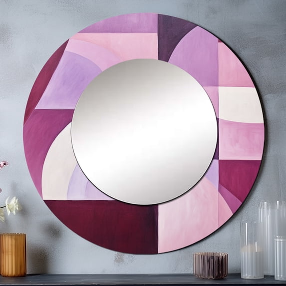 Designart "Abstract Shapes With Mauve Motion" Abstract Shapes Purple Large Round Mirror - Round Bedroom Mirror Wall Decor - Modern Round Printed Mirror - 23" x 23"