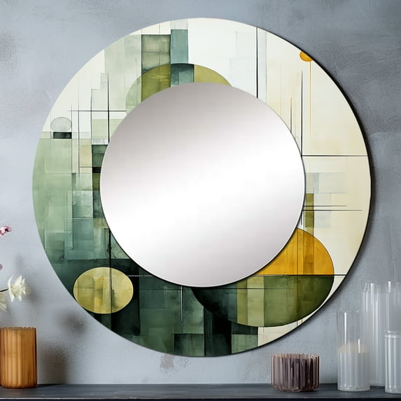 Designart "Abstract Shapes With Olive Orbits" Abstract Shapes Round Mirror Wall Decor Modern - Large Green Round Office Mirror - Round Mirror - 29" x 29"
