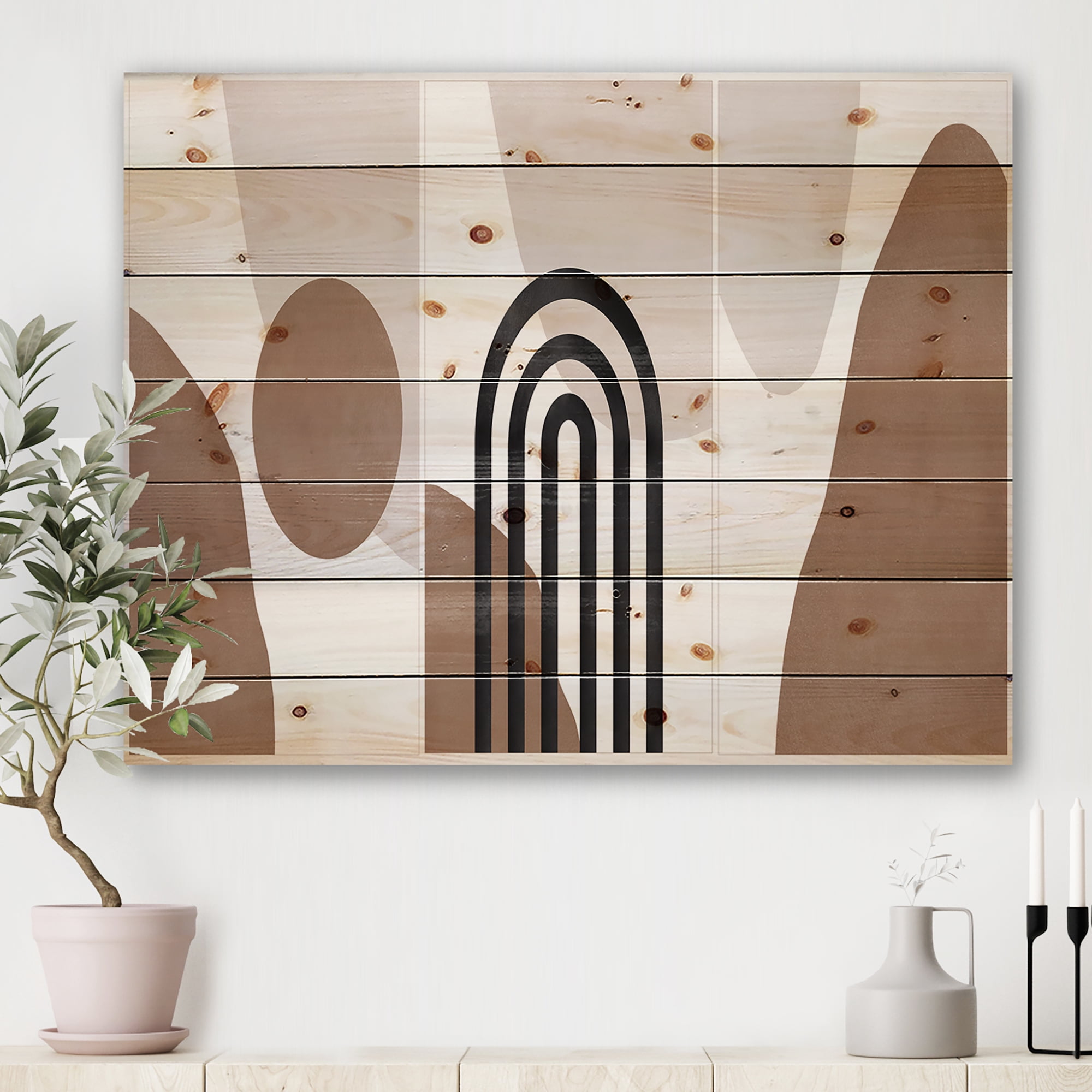 Designart 'Abstract Shapes in Ivory and Terracotta Shapes II' Modern Print on Natural Pine Wood