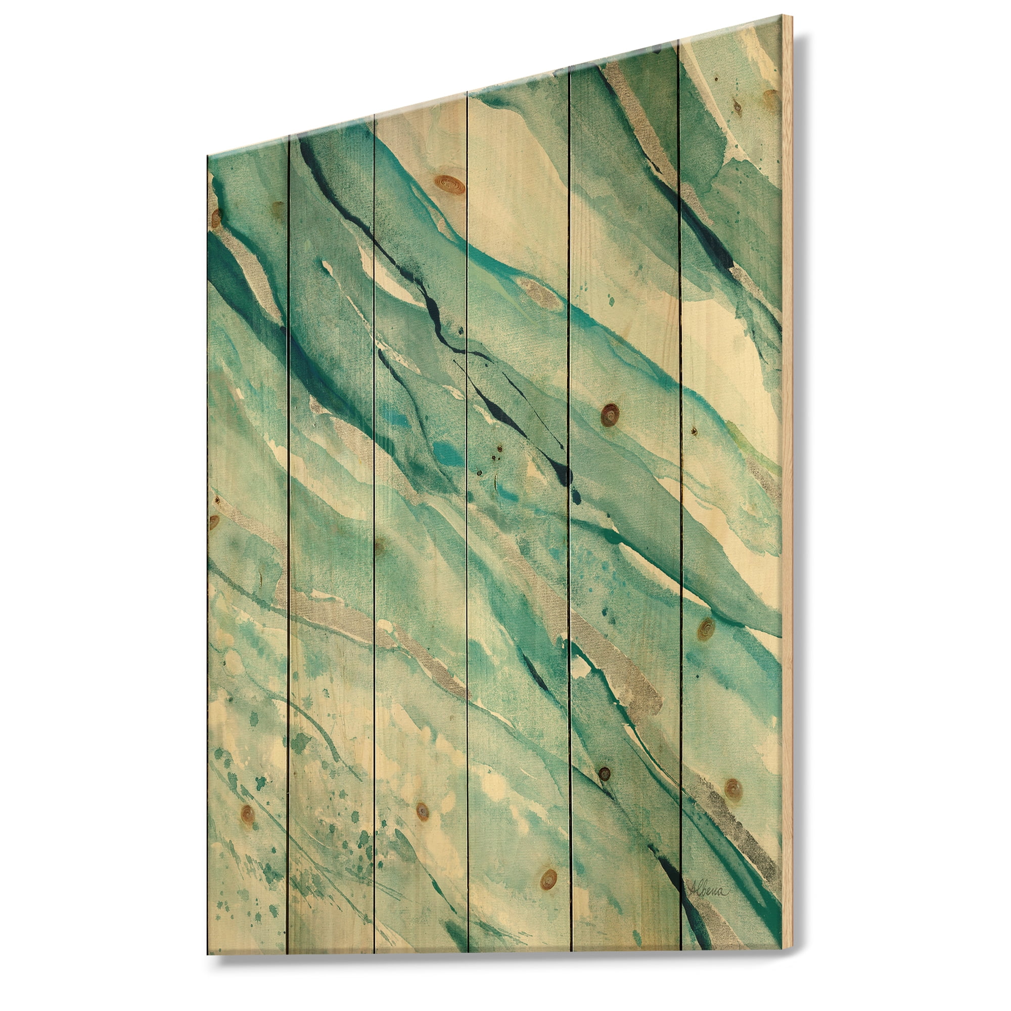 Designart 'Abstract Silver Springs Blue Green' Nautical & Coastal Print on Natural Pine Wood