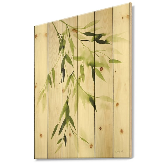Designart 'Abstract Simplist Bamboo Leaves I' Lake House Print on Natural Pine Wood