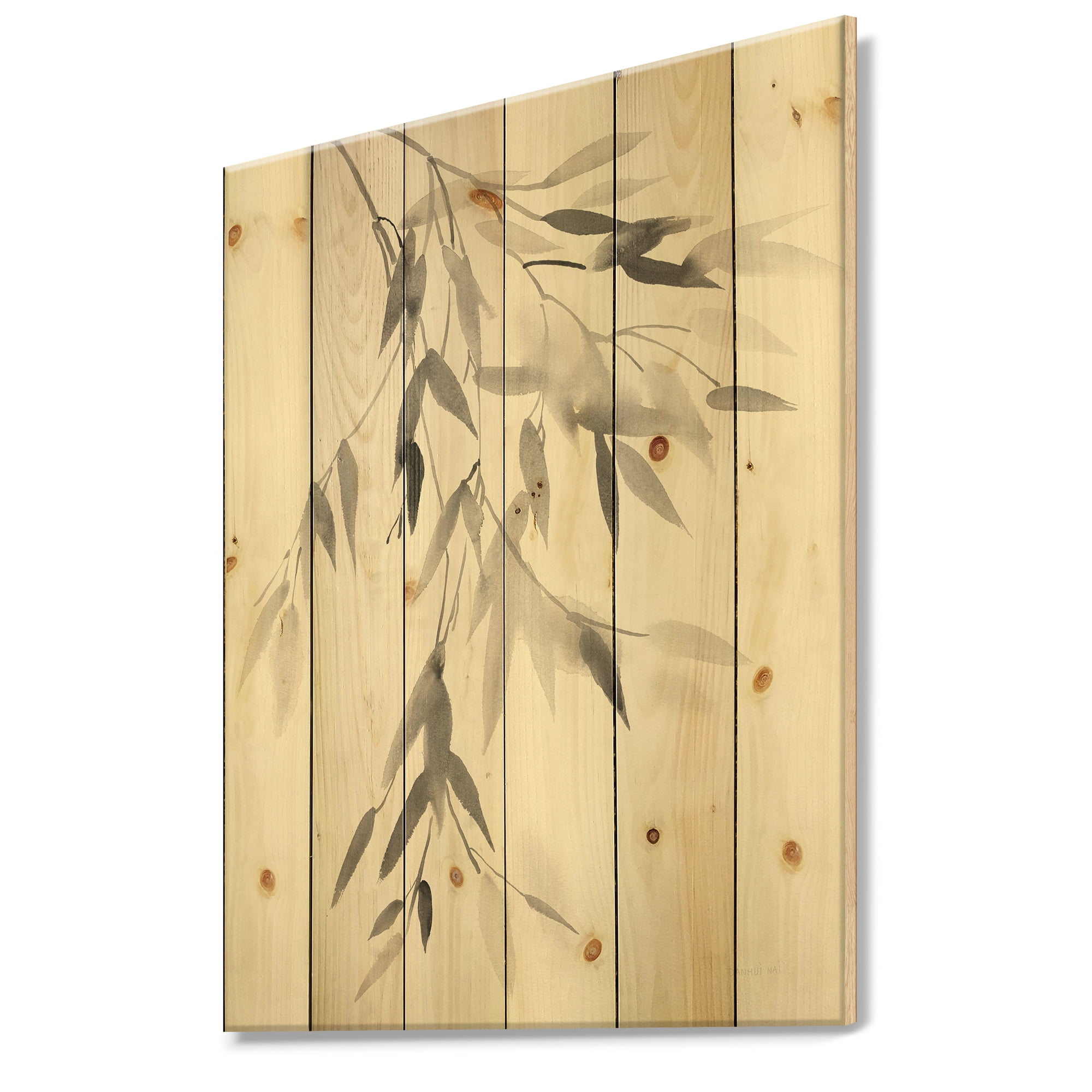 Designart 'Abstract Simplist Bamboo Leaves IV' Cabin & Lodge Print on Natural Pine Wood