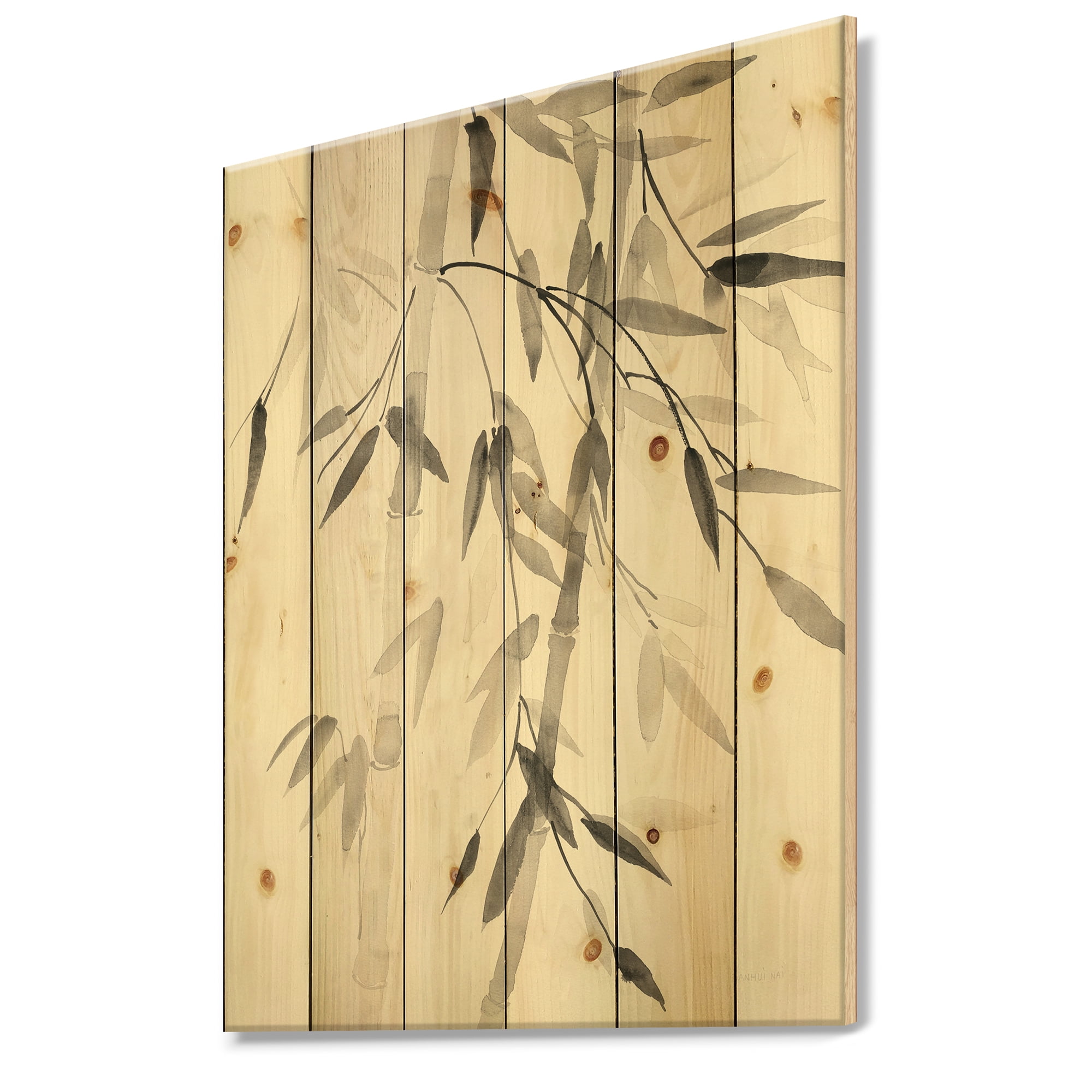 Designart 'Abstract Simplist Bamboo Leaves V' Cabin & Lodge Print on Natural Pine Wood