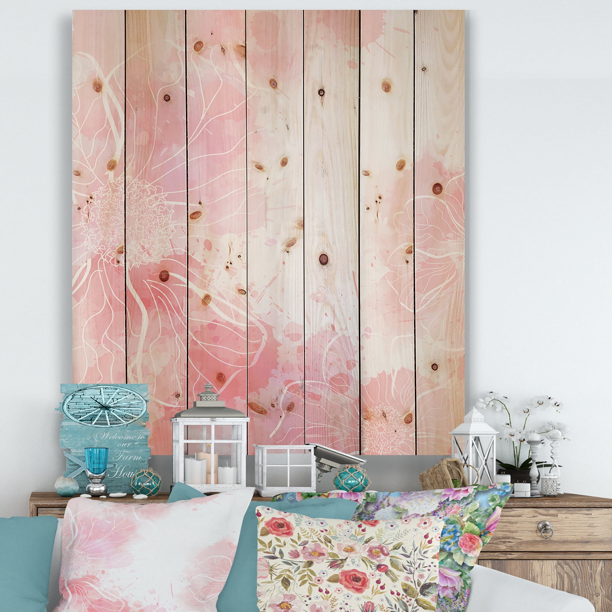 Designart 'Abstract Splashes of Pink Flowers I' Modern Print on Natural Pine Wood