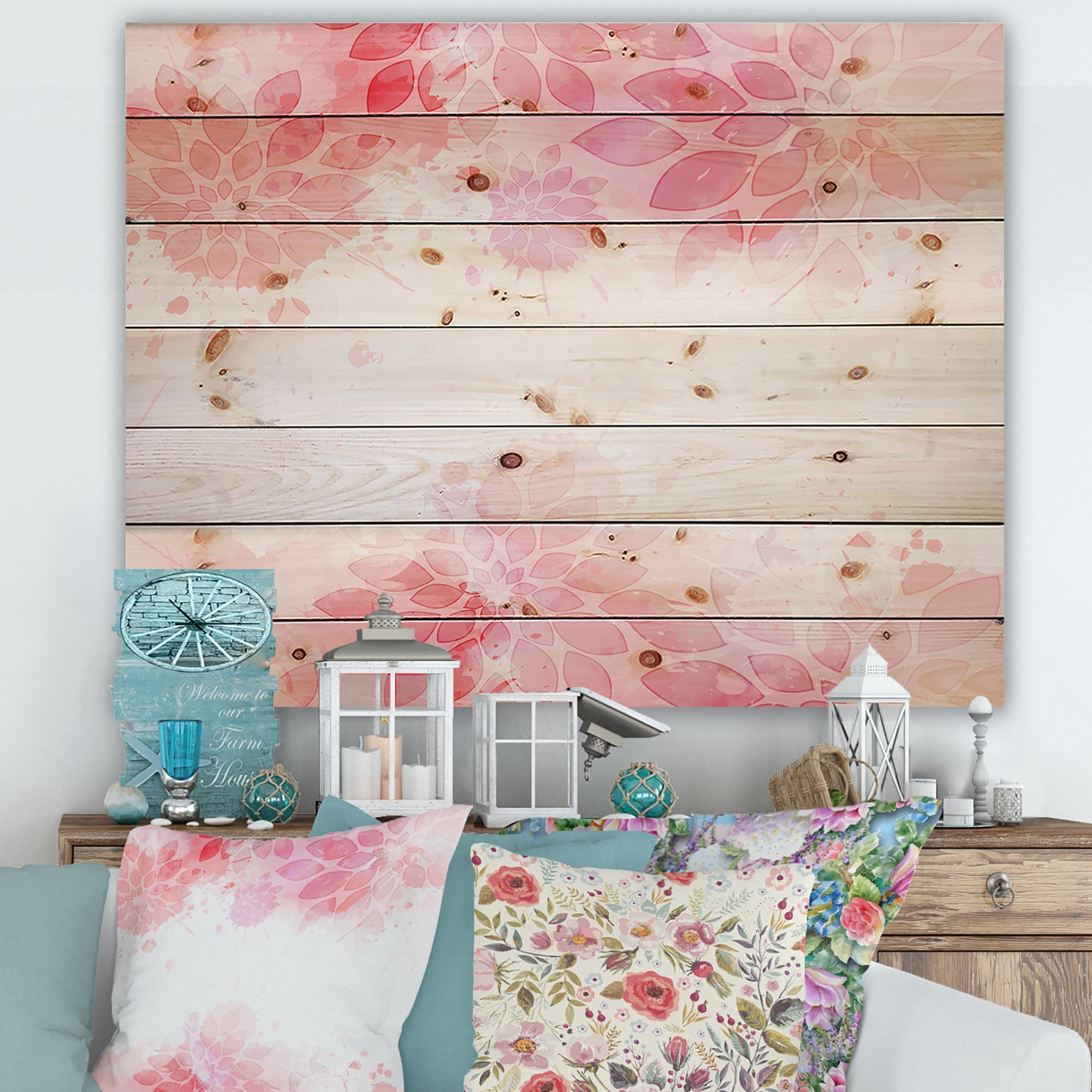 Designart 'Abstract Splashes of Pink Flowers II' Modern Print on Natural Pine Wood