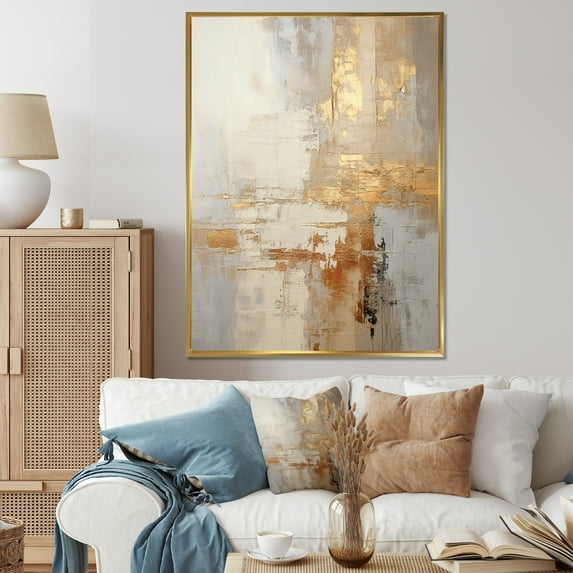 Designart "Abstract Split In Gold And White" Abstract Shapes Floater Framed Wall Decor