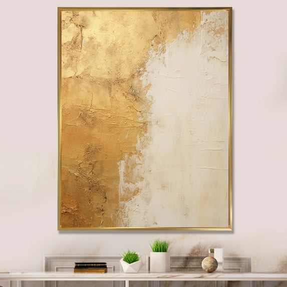Designart "Abstract Split In Gold And White I" Abstract Shapes Floater Framed Canvas Prints