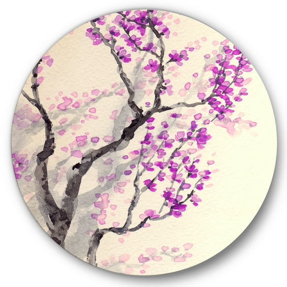 Designart 'Abstract Spring Purple Flowers On Tree Branches' Traditional Circle Metal Wall Art 29x29 - Disc of 29