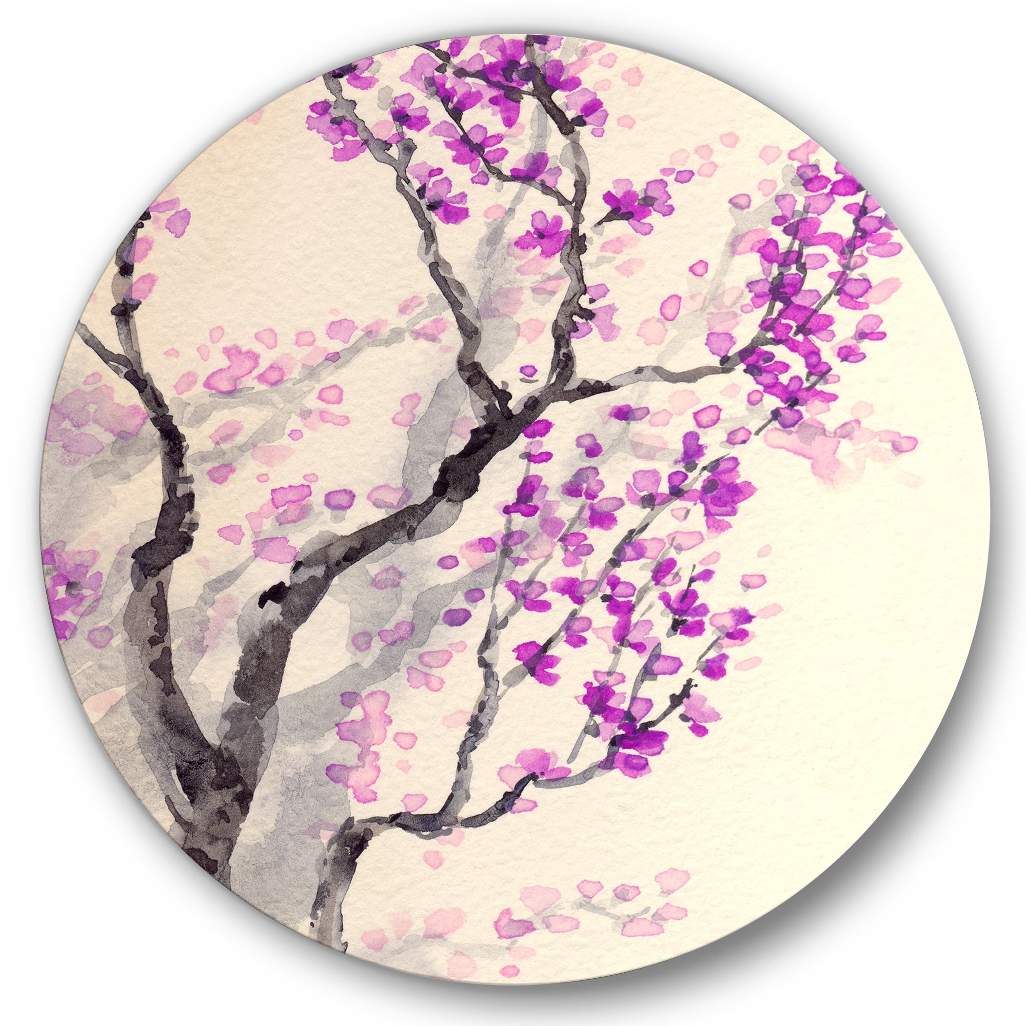 Designart 'Abstract Spring Purple Flowers On Tree Branches' Traditional Circle Metal Wall Art 36x36 - Disc of 36