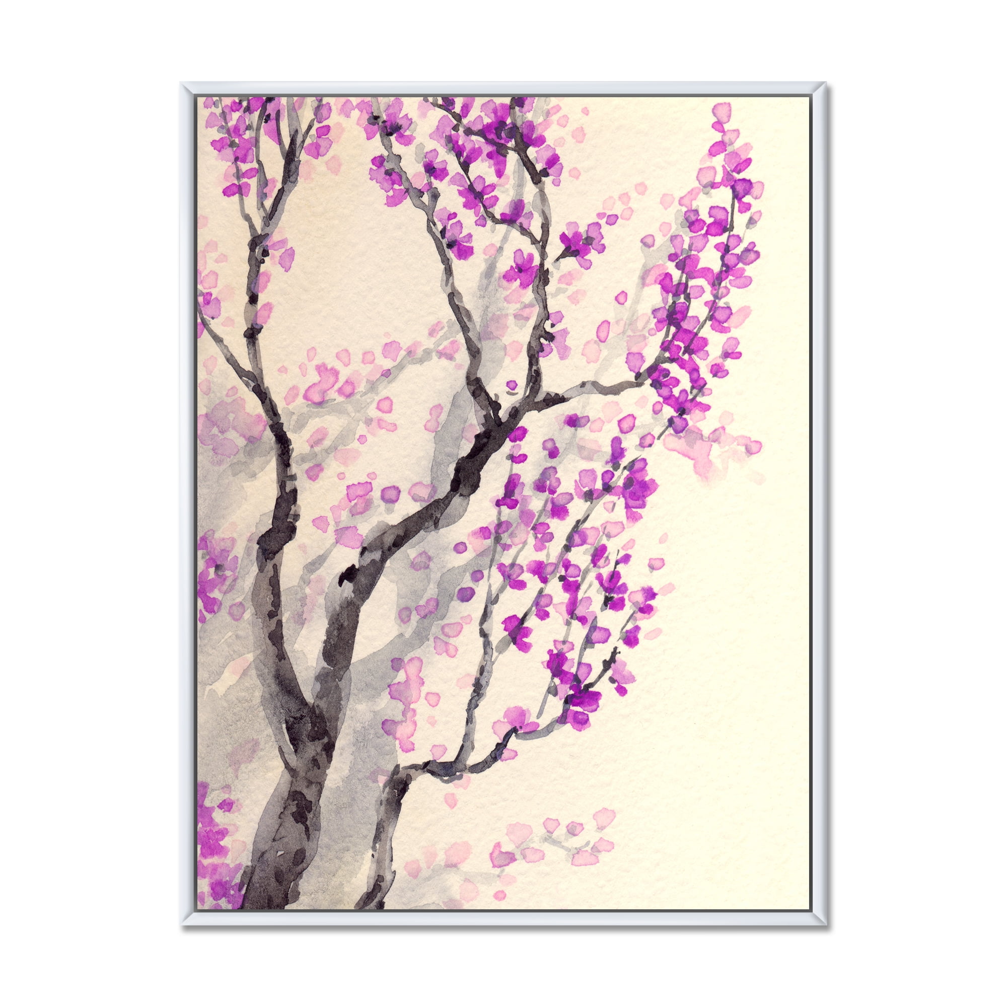 Designart 'Abstract Spring Purple Flowers On Tree Branches' Traditional Framed Canvas Wall Art Print