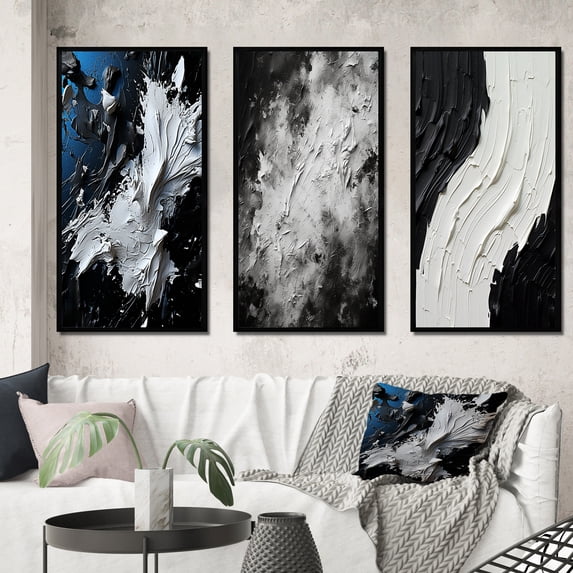 Designart "Abstract Stream of Euphoria I" Abstract Painting Framed Wall Art Set Of 3 - Blue Modern Frame Canvas Set For Living Room Decor