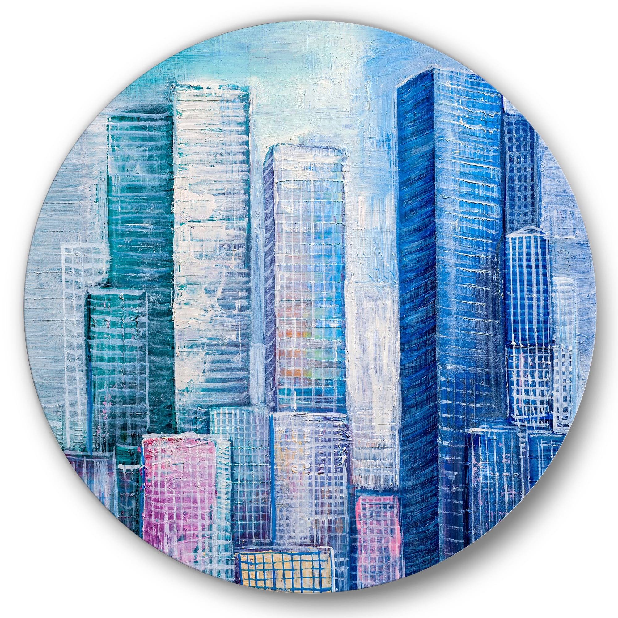 Designart 'Abstract Style Cityscape Panorama Skyscrapers I' Modern Circle Metal Wall Art 23x23 - Disc of 23