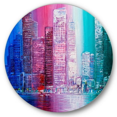 Designart 'Abstract Style Cityscape Panorama Skyscrapers II' Modern Circle Metal Wall Art 36x36 - Disc of 36