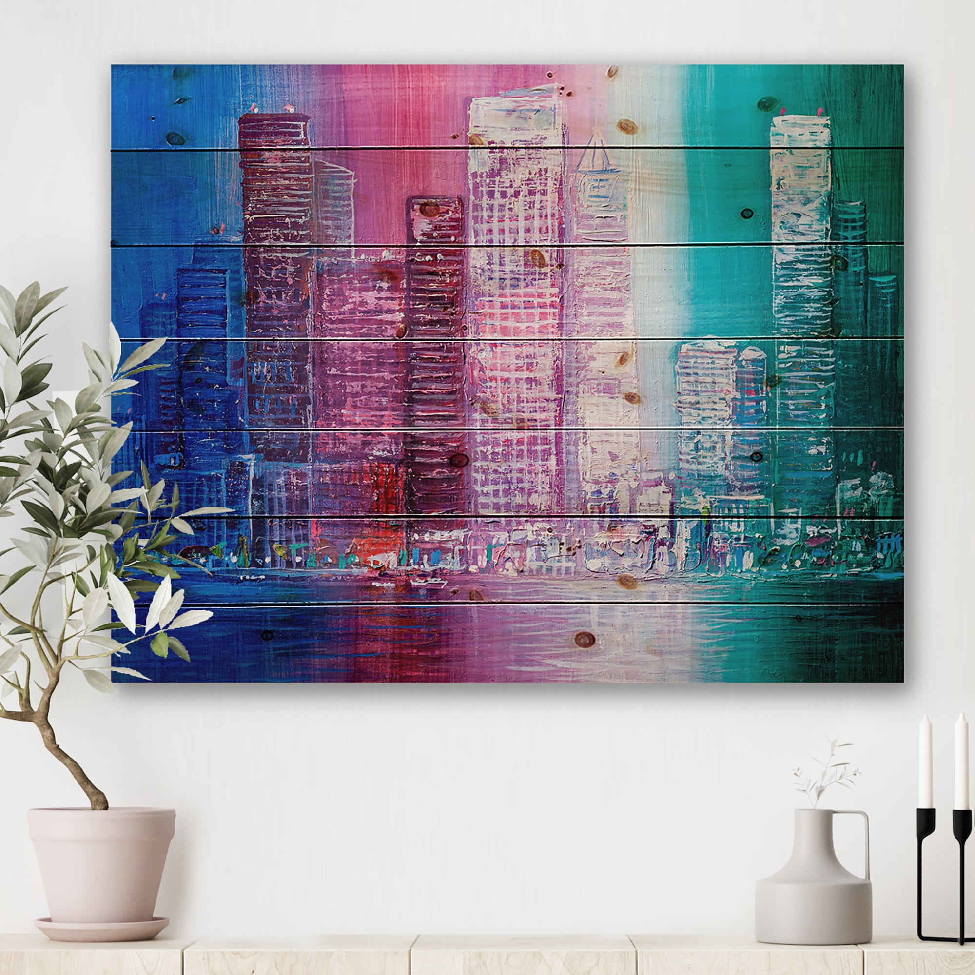 Designart 'Abstract Style Cityscape Panorama Skyscrapers II' Modern Print on Natural Pine Wood