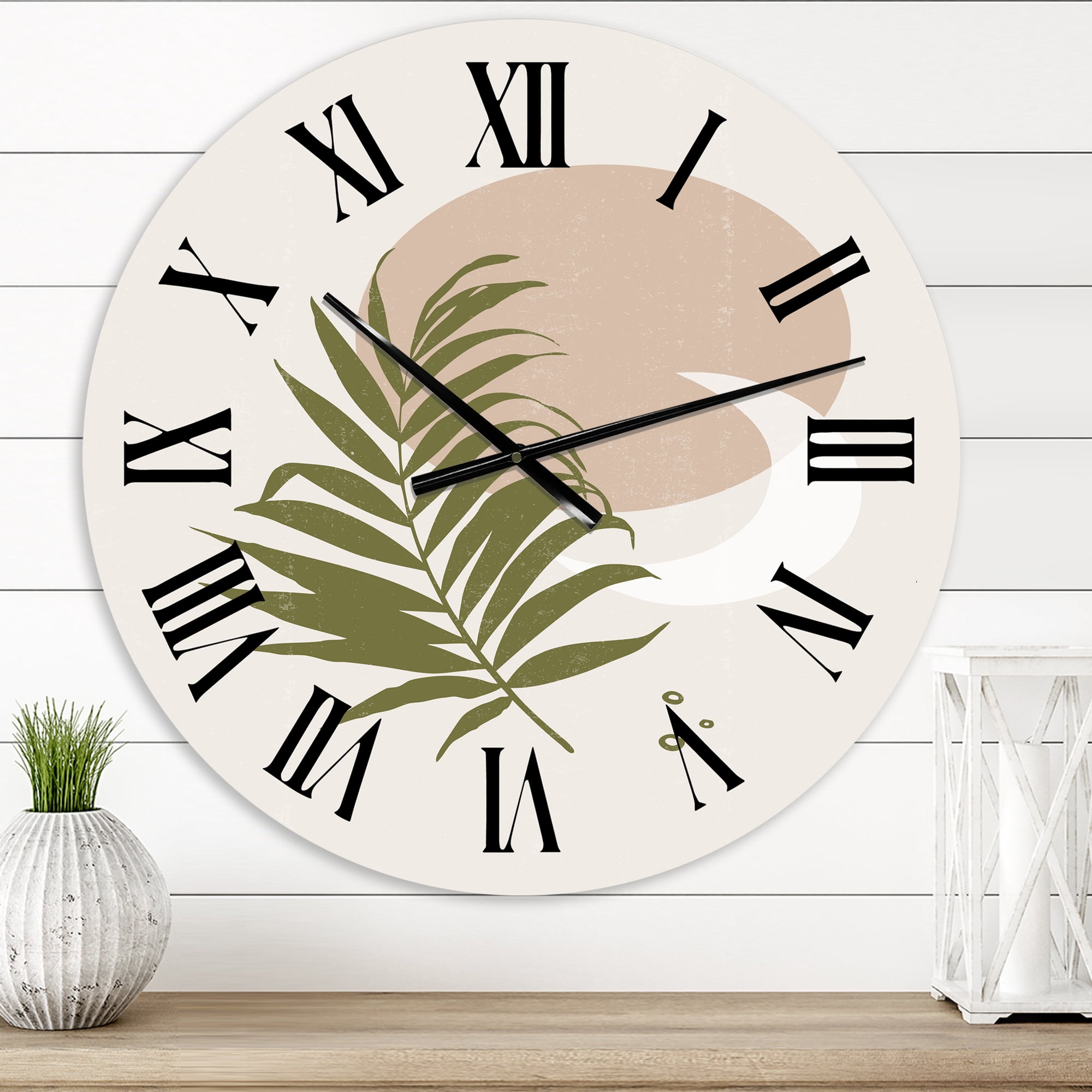 Designart 'Abstract Sun And Moon With Green Leaf Ii' Modern Wall Clock