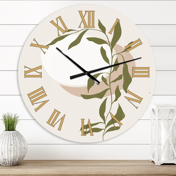 Designart 'Abstract Sun And Moon With Green Leaf Iii' Modern Wall Clock
