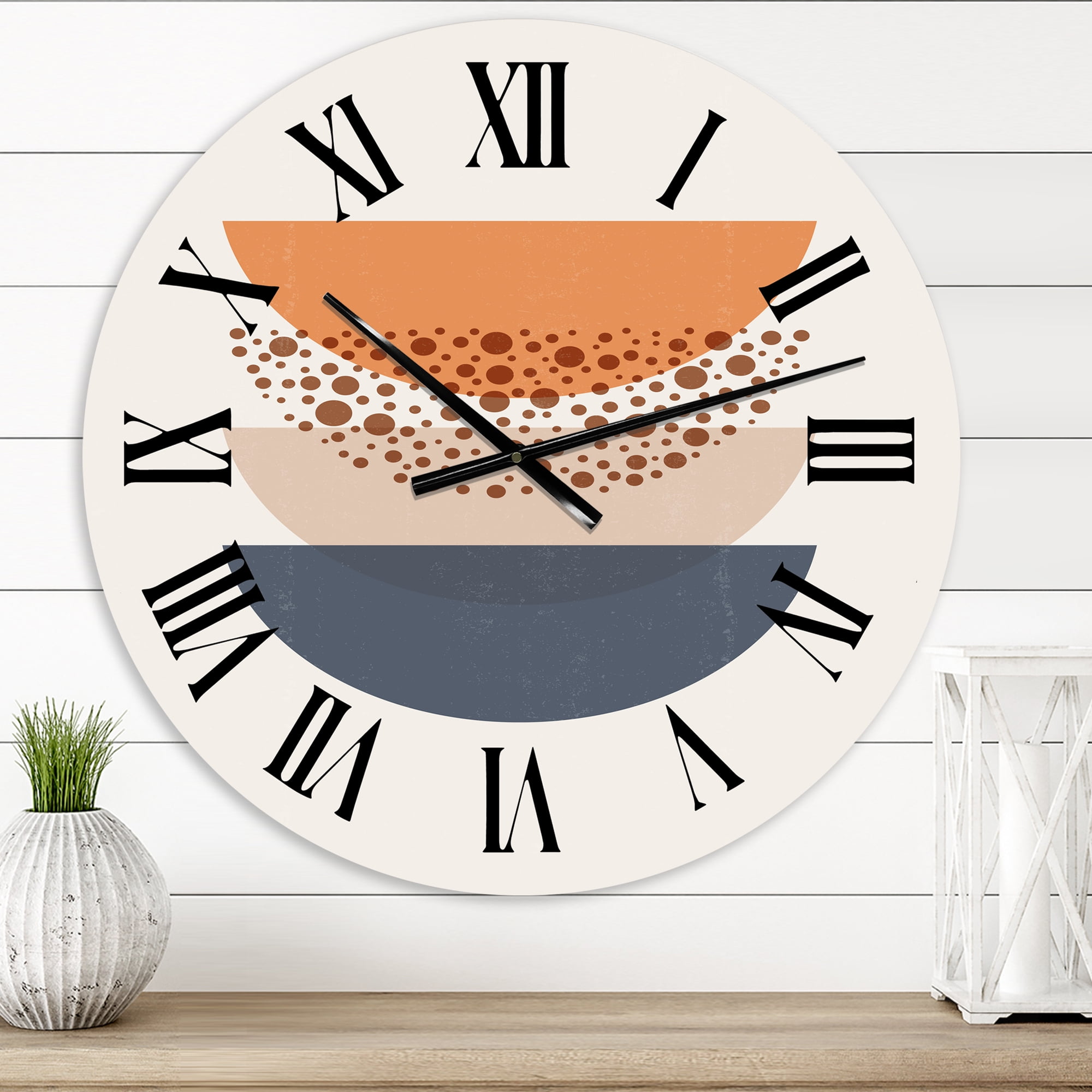 Designart 'Abstract Sun & Moon Geometrics In Blue & Orange' Modern Wall Clock