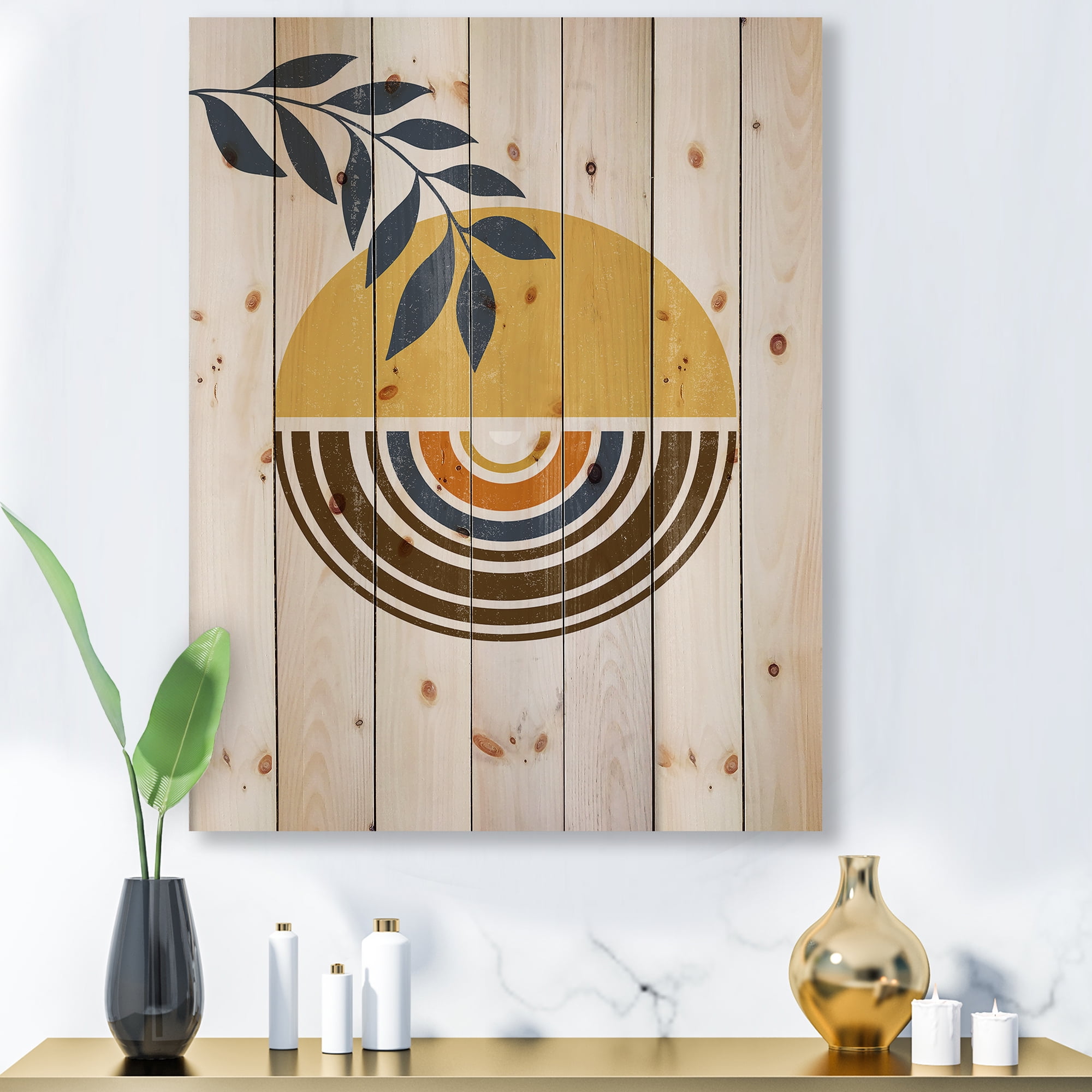 Designart 'Abstract Sun and Moon Leaves ' Modern Print on Natural Pine Wood