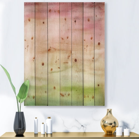 Designart 'Abstract Sunset With Pink Green and Beige' Modern Print on Natural Pine Wood