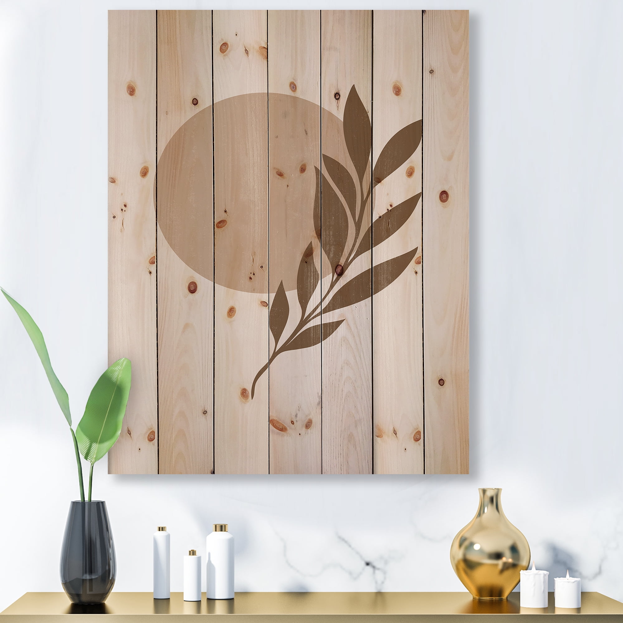Designart 'Abstract Terracotta Moon and Sun With Tropical Leaf' Modern Print on Natural Pine Wood